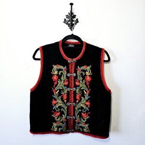 Vrikke Nordic Fair Isle Black Red Embroidered 100% Wool Vest Irene Haugland